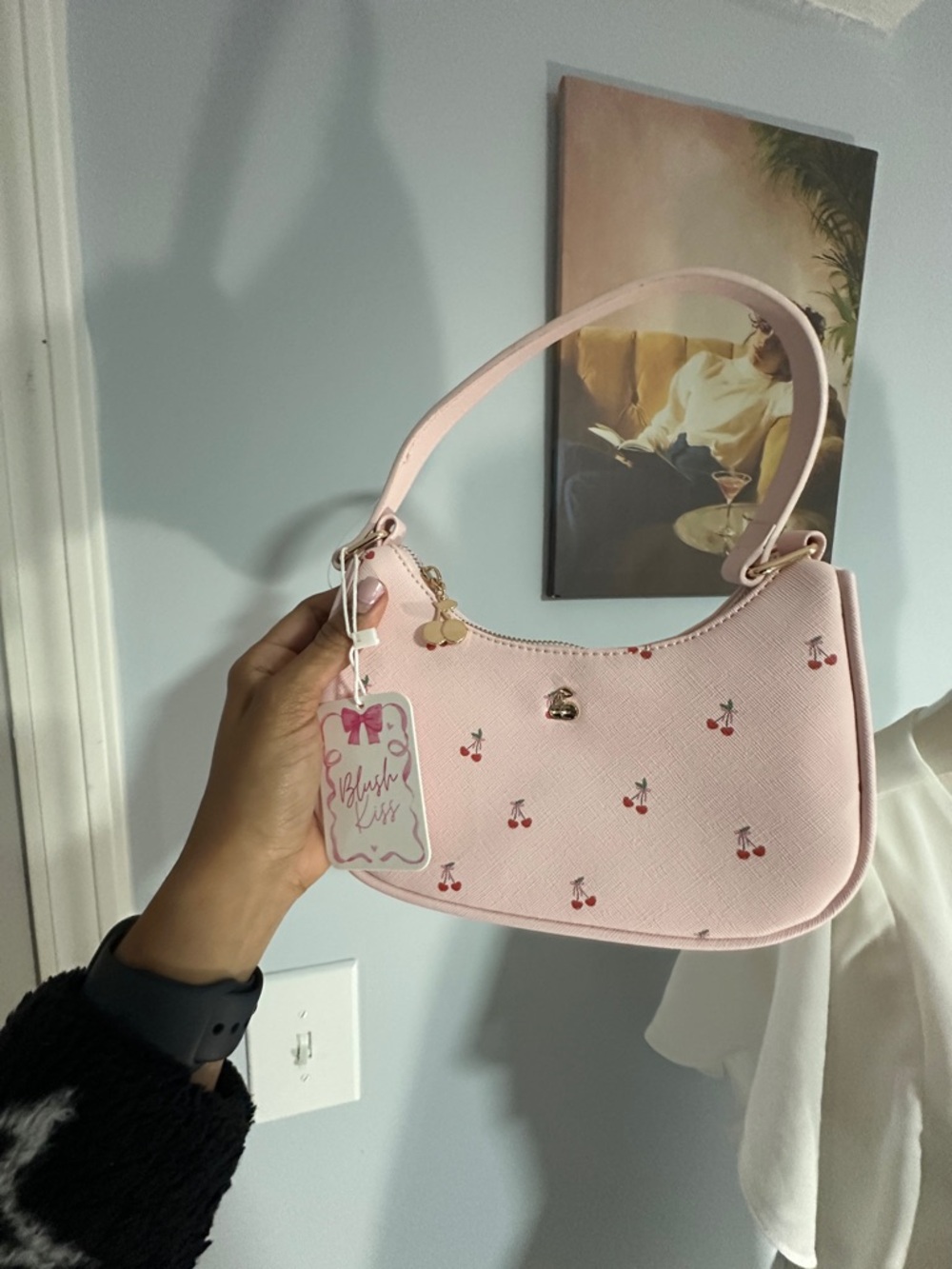 Pink Cherry Print Shoulder Bag
